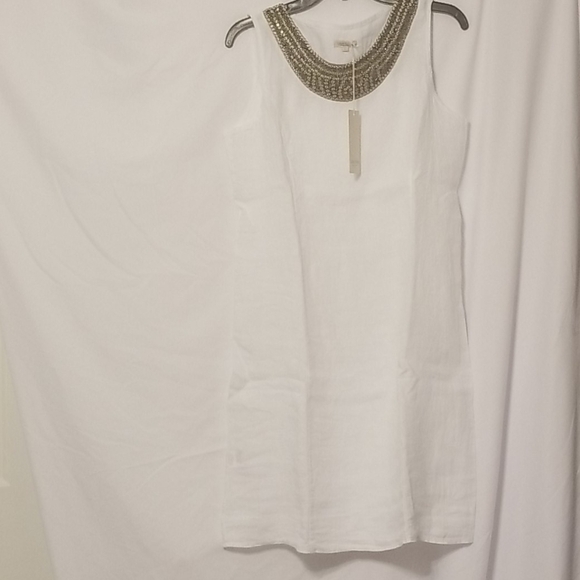 LINA Tomei Linen Round Beaded Neck Sheath Dress - Picture 3 of 7